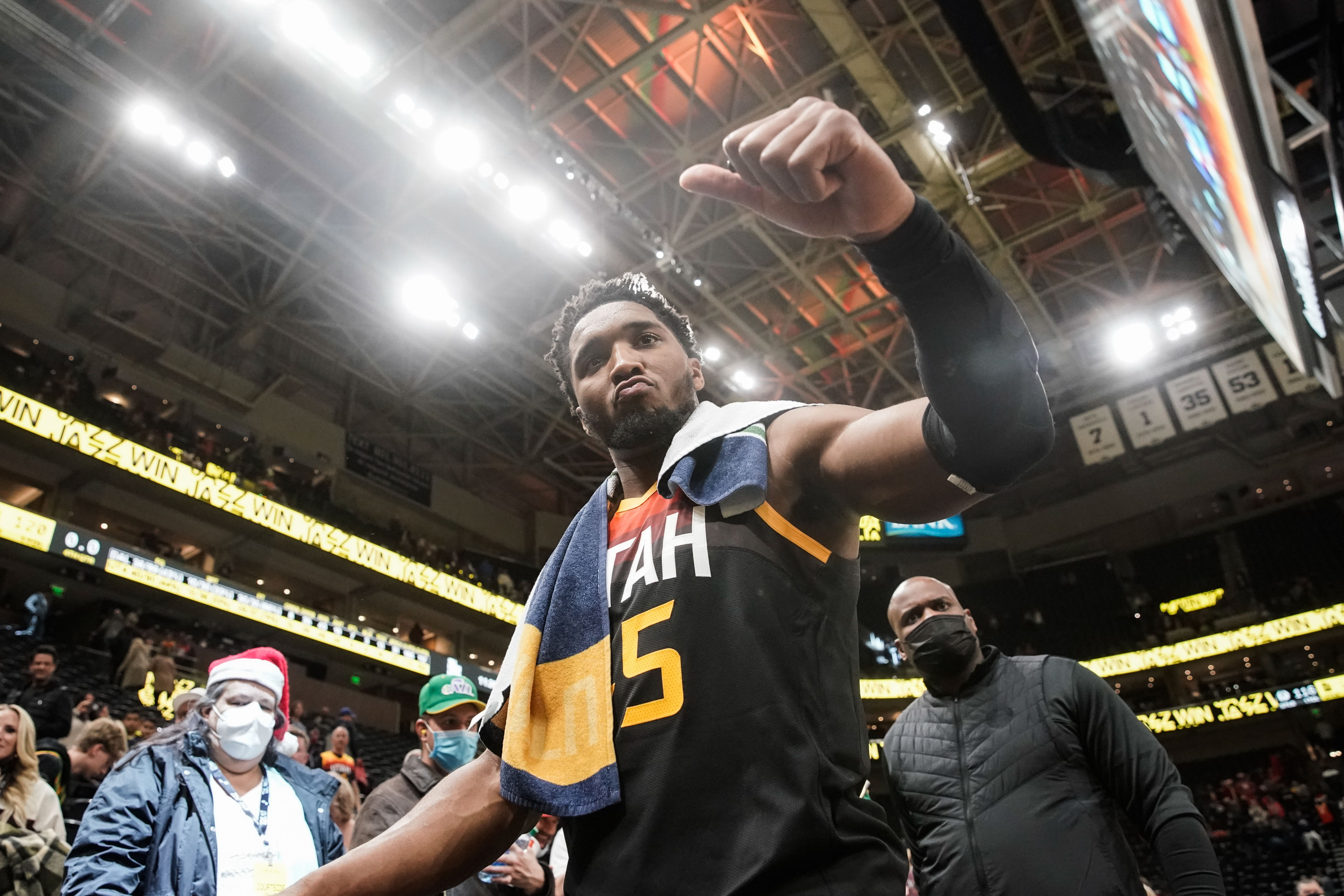 Utah Jazz guard Donovan Mitchell (45) leaves the court after winning against Dallas Mavericks during an NBA game at Vivint Arena in Salt Lake City on Saturday, Dec. 25, 2021.