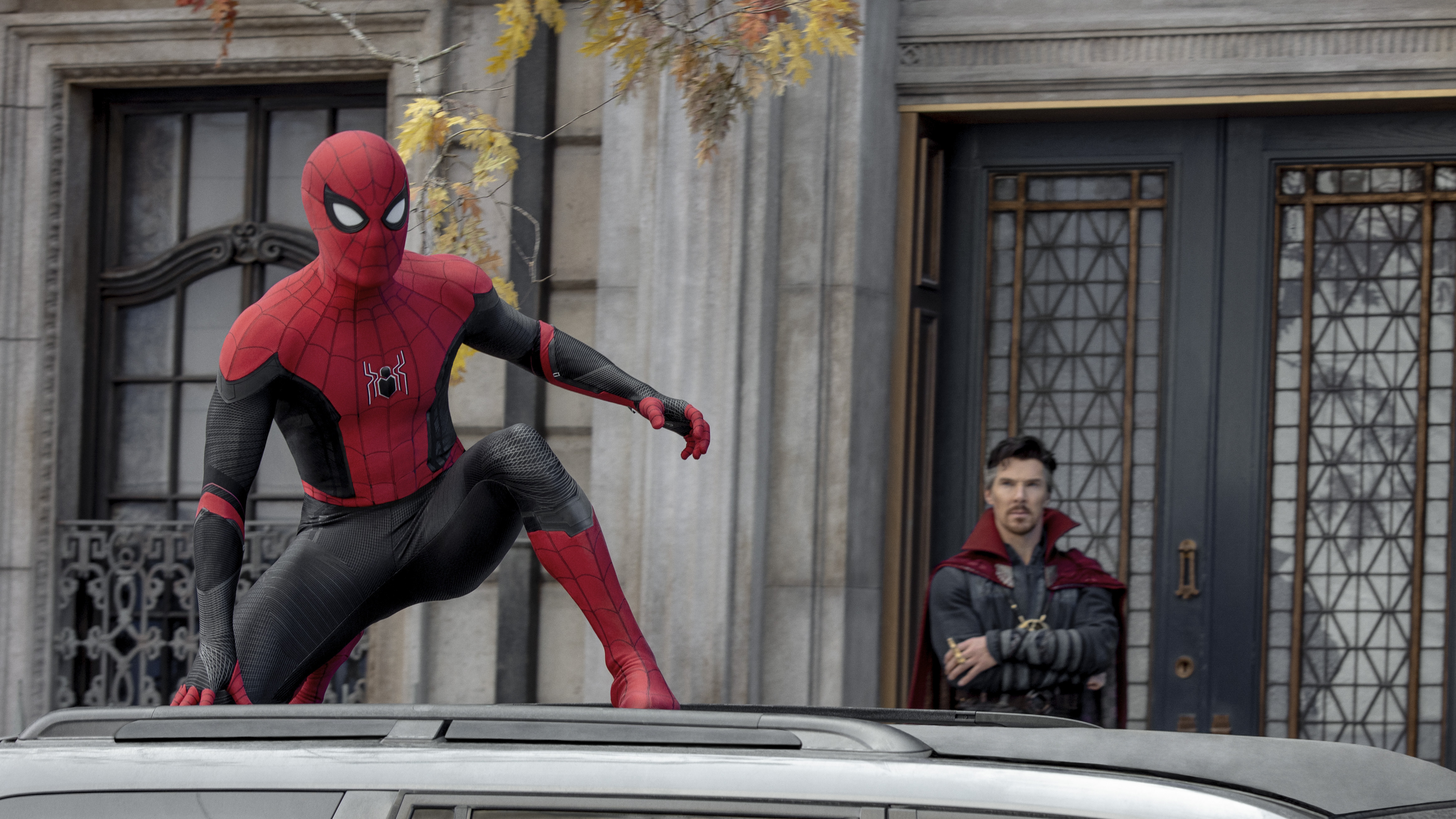 This image released by Sony Pictures shows Tom Holland, left, and Benedict Cumberbatch in Columbia Pictures' "Spider-Man: No Way Home." 