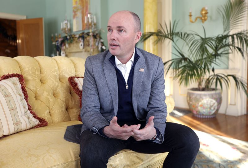 Gov. Spencer Cox talks about his first year as governor
during an interview at the Governor’s Mansion in Salt Lake City on
Monday, Dec. 20, 2021.
