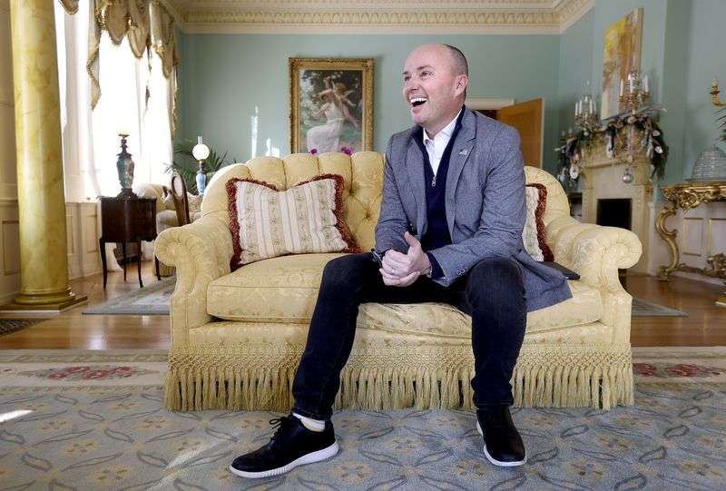 Gov. Spencer Cox talks about his first year as governor
during an interview at the Governor’s Mansion in Salt Lake City on
Monday, Dec. 20.
