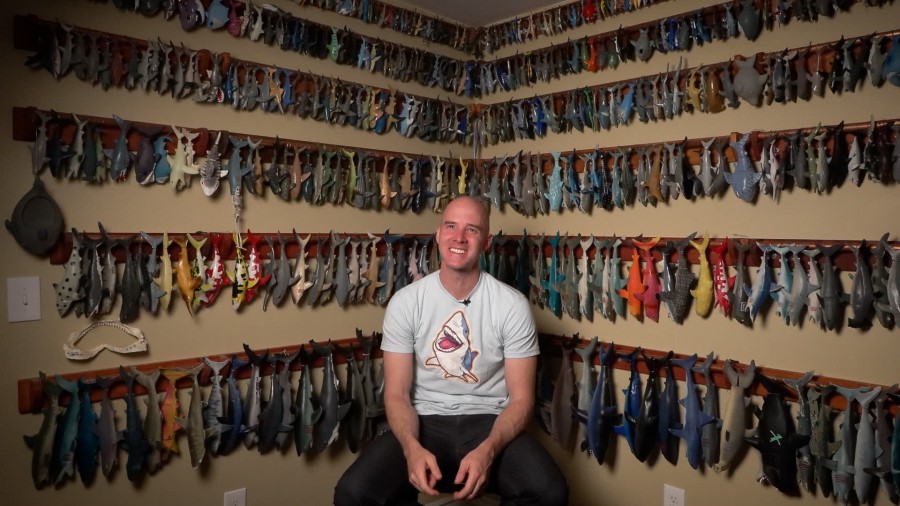 Scott Stoddard and his rubber sharks.