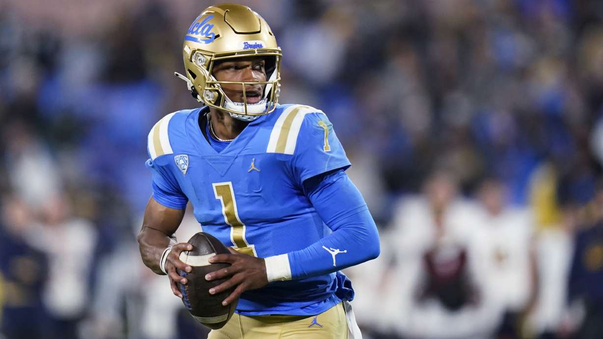 UCLA quarterback Dorian Thompson-Robinson pulls back to throw a pass during the first half of an NCAA college football game against California on Nov. 27, 2021, in Pasadena, Calif.