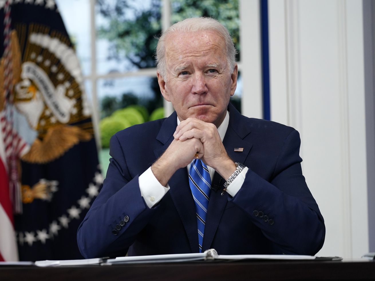 President Joe Biden participates in the White House COVID-19 Response Team’s regular call with the National Governors
Association in the South Court Auditorium in the Eisenhower Executive Office Building on the White House Campus, Monday.