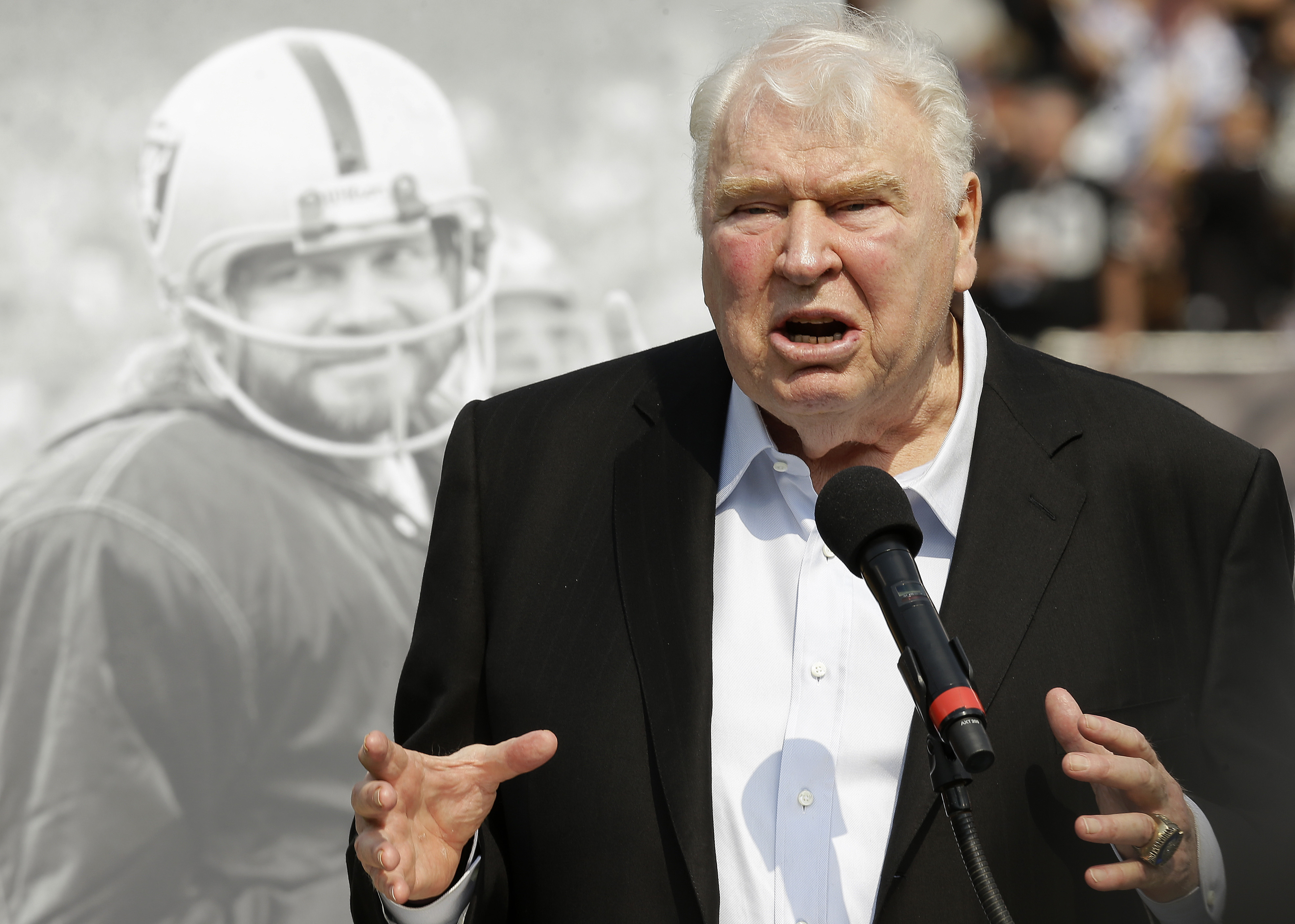 Former Oakland Raiders head coach John Madden during halftime of an NFL football game in Oakland, Calif., on Sept. 13, 2015. Madden died Tuesday at age 85.
