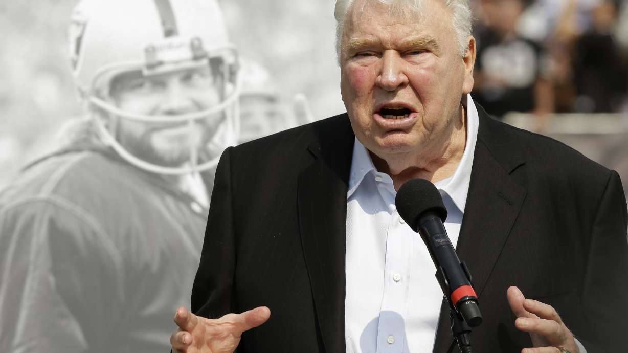 Former Oakland Raiders head coach John Madden during halftime of an NFL football game in Oakland, Calif., on Sept. 13, 2015. Madden died Tuesday at age 85.