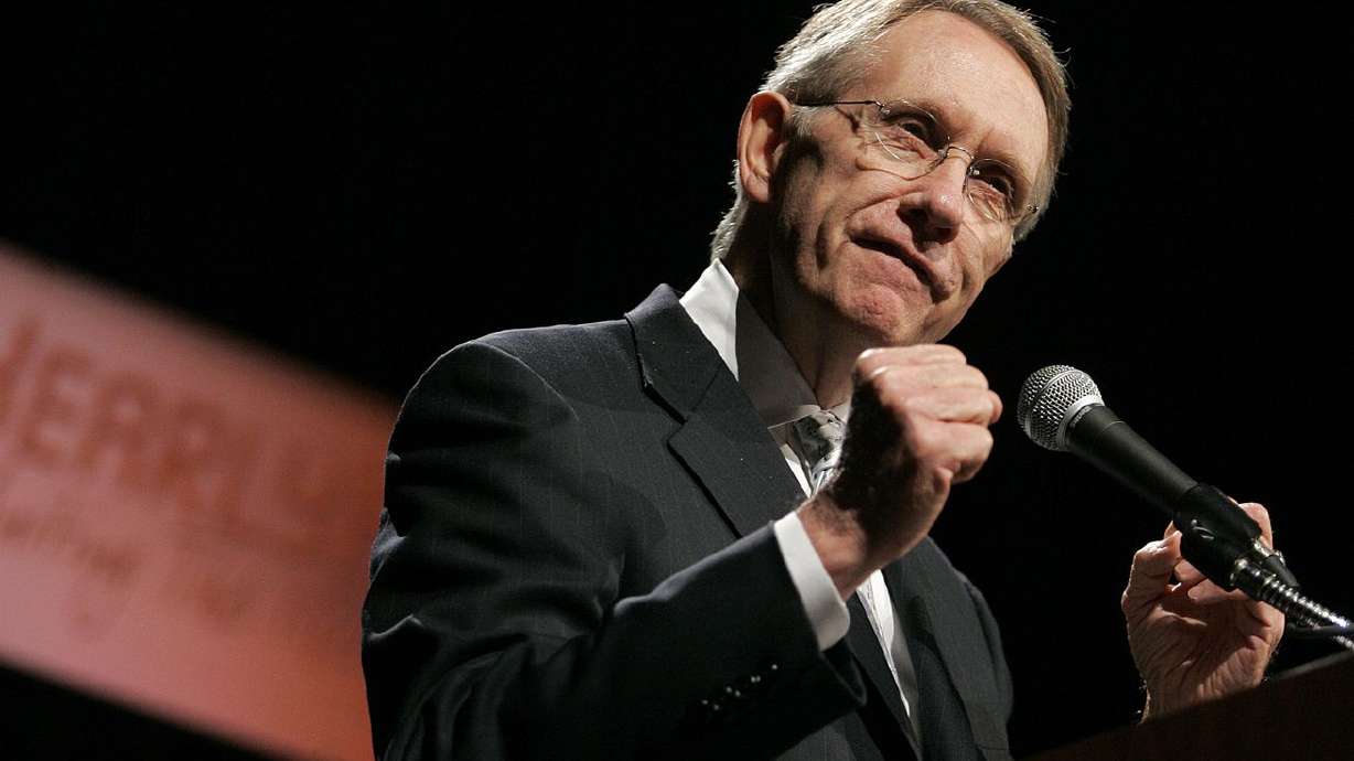 Senate Minority Leader Harry Reid, D-Nev., delivers a speech at the YearlyKos convention in Las Vegas on June 10, 2006. Reid, the former Senate majority leader and Nevada’s longest-serving member of Congress, has died. He was 82.