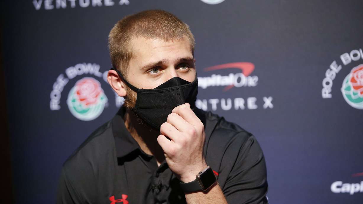 Utah Utes tight end Brant Kuithe speaks with reporters during a press conference in Los Angeles on Tuesday, Dec. 28, 2021, about the upcoming Rose Bowl.