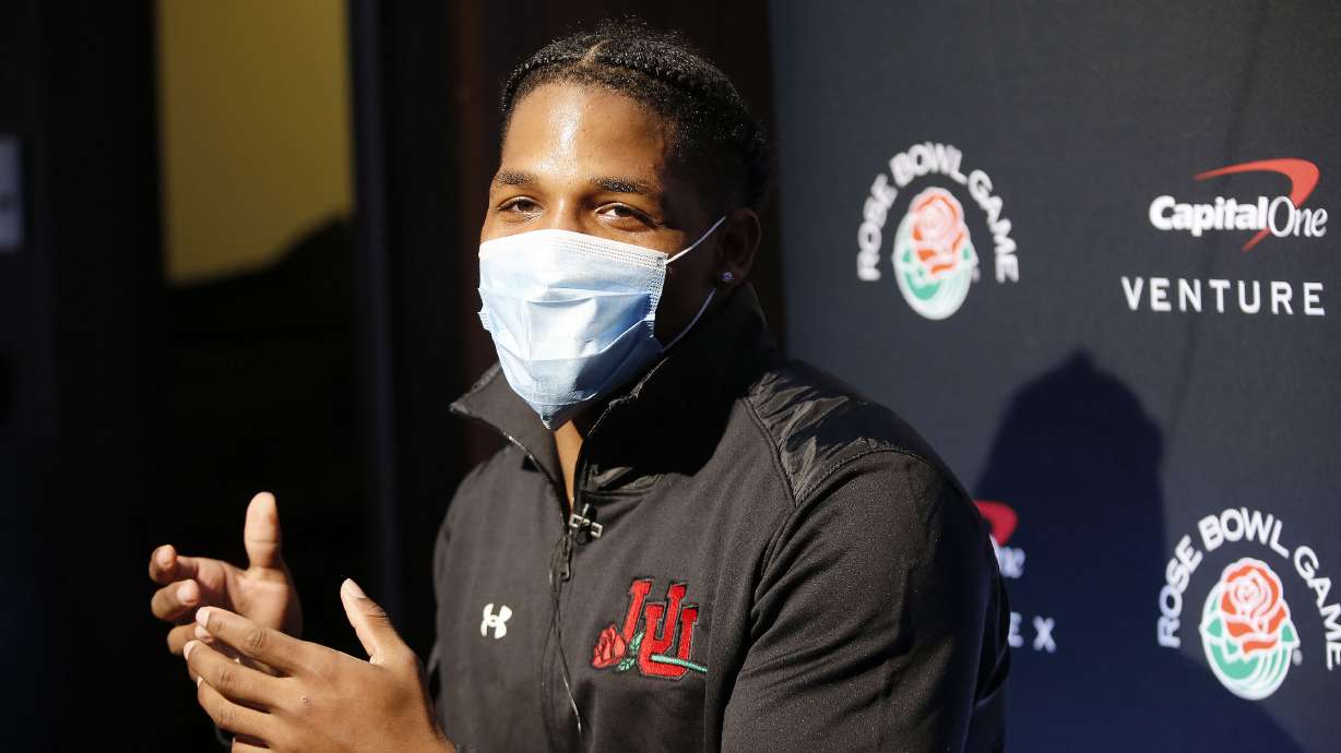 Utah Utes running back Tavion Thomas speaks with reporters during a press conference in Los Angeles on Tuesday, Dec. 28, 2021, about the upcoming Rose Bowl.