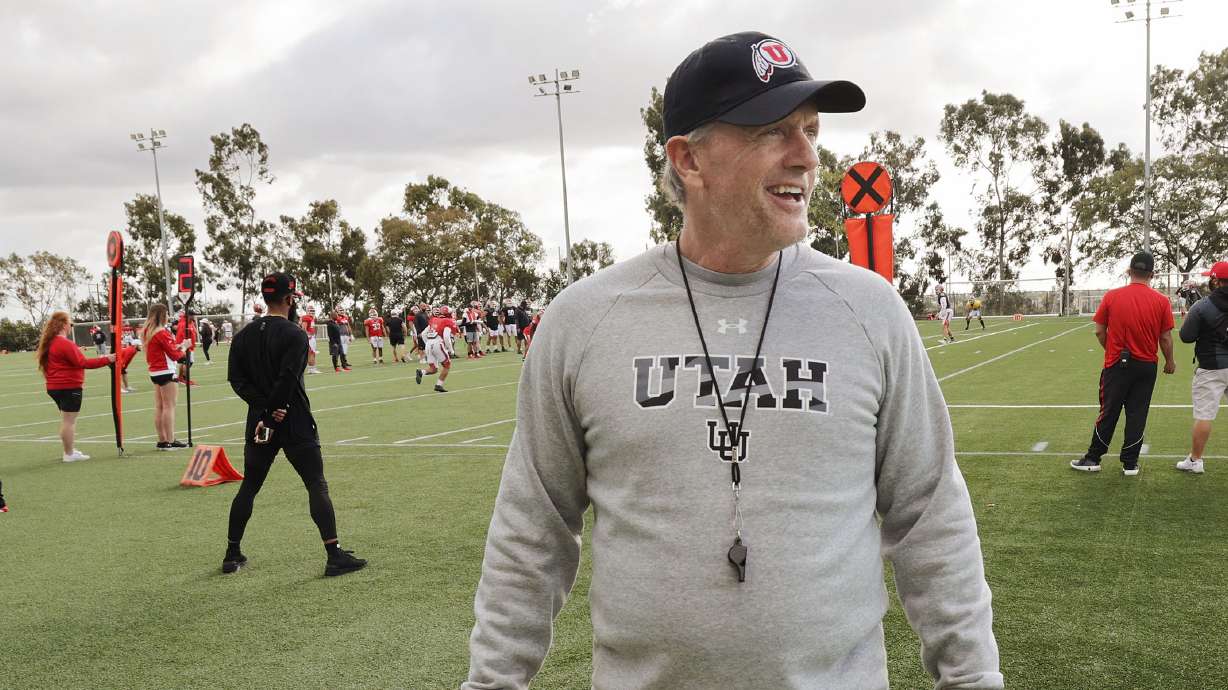 Utah Utes head coach Kyle Whittingham chats with reporters during practice for the upcoming Rose Bowl game against Ohio State at Dignity Health Sports Park in Carson, Calif., on Tuesday, Dec. 28, 2021.