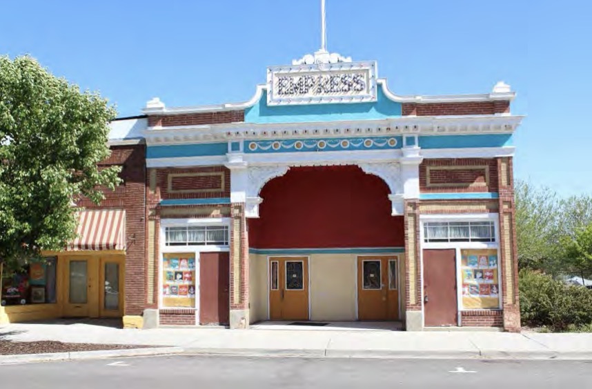 The exterior of the Empress Theater, an example of a building in the Beaux Arts style within the Magna Commercial Downtown Historic District. It was built in 1916.