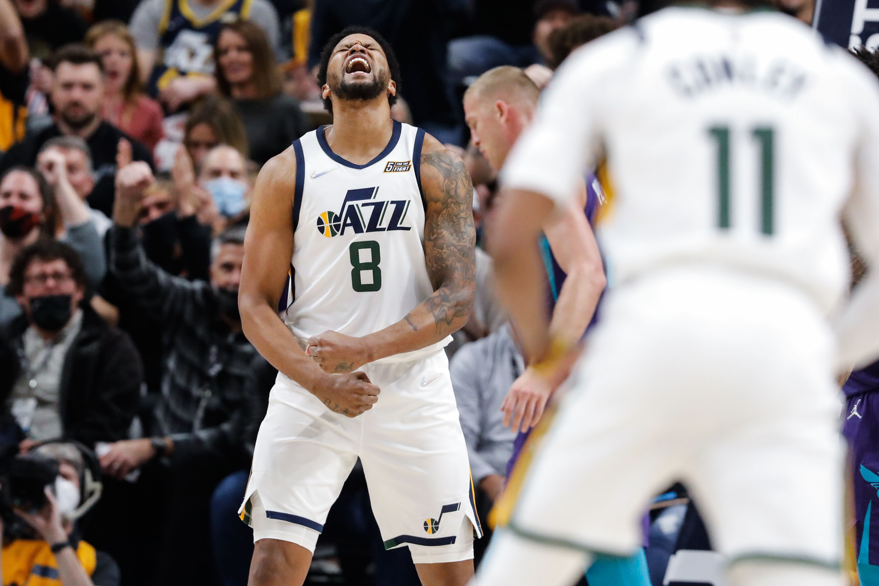 Rudy Gay celebrates a play during a Jazz win. 