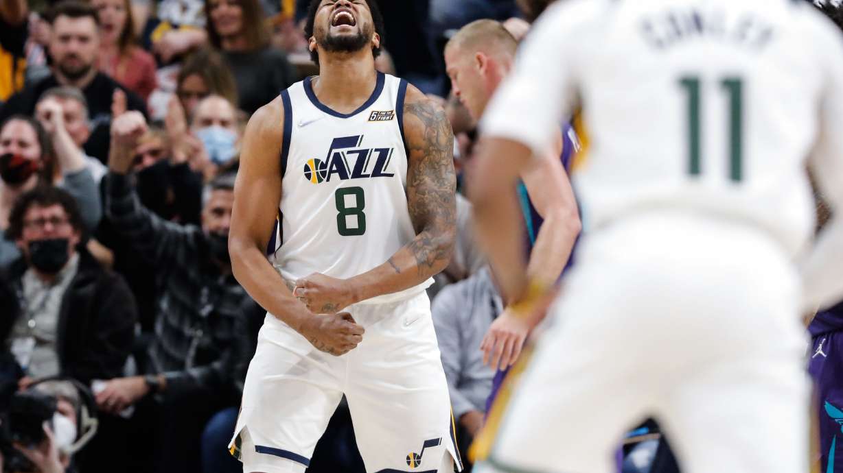 Rudy Gay celebrates a play during a Jazz win.