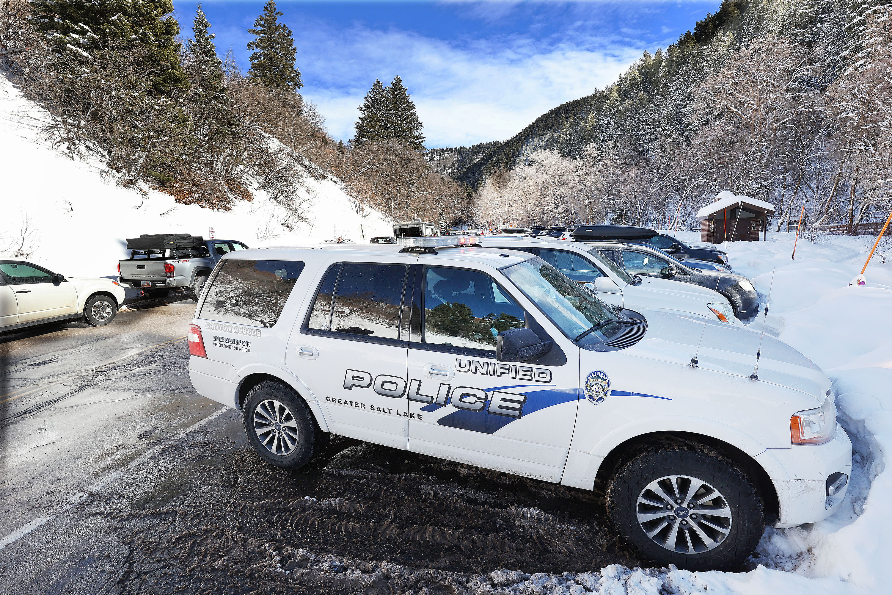 Unified Police respond at an avalanche scene in Millcreek Canyon in Salt Lake County on Saturday, Feb. 6.