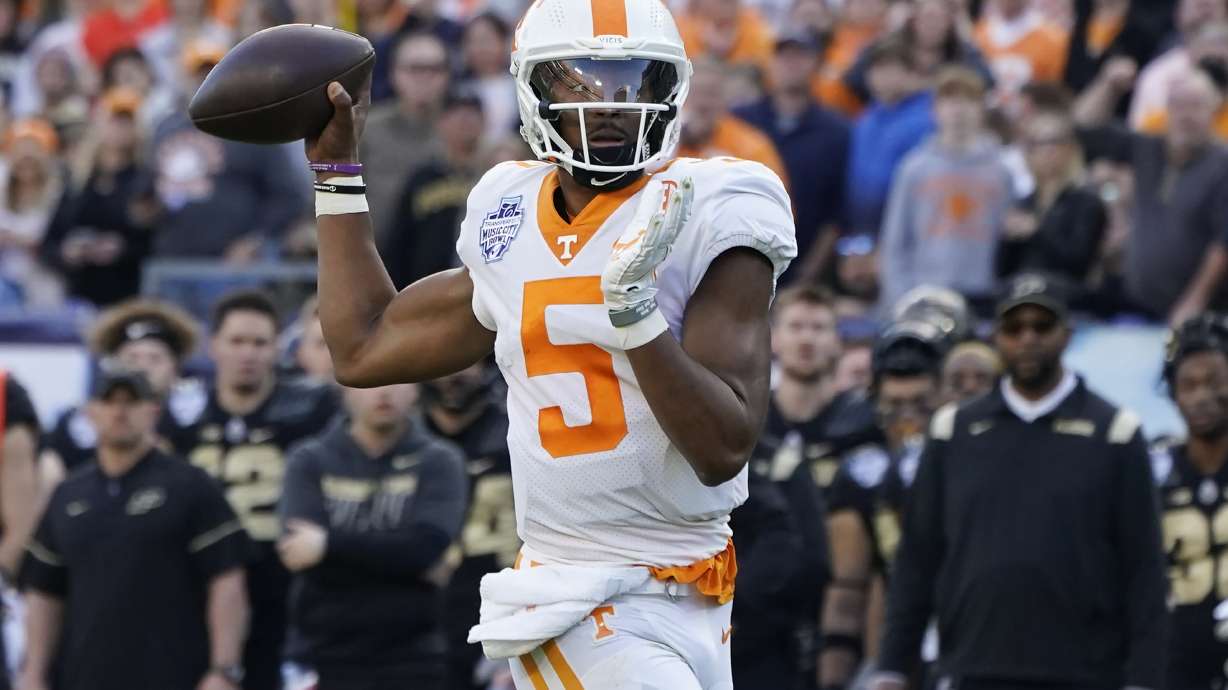 Tennessee quarterback Hendon Hooker passes against Purdue in the first half of the Music City Bowl NCAA college football game Thursday, Dec. 30, 2019, in Nashville, Tenn.