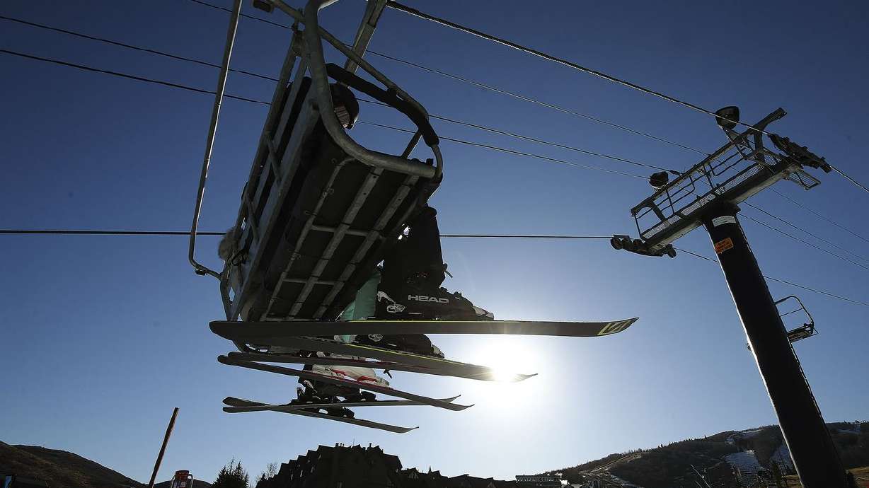 Skiers ride the First Time lift as Park City Mountain Resort in Park City opens for the 2020-21 ski season on Nov. 20, 2020.