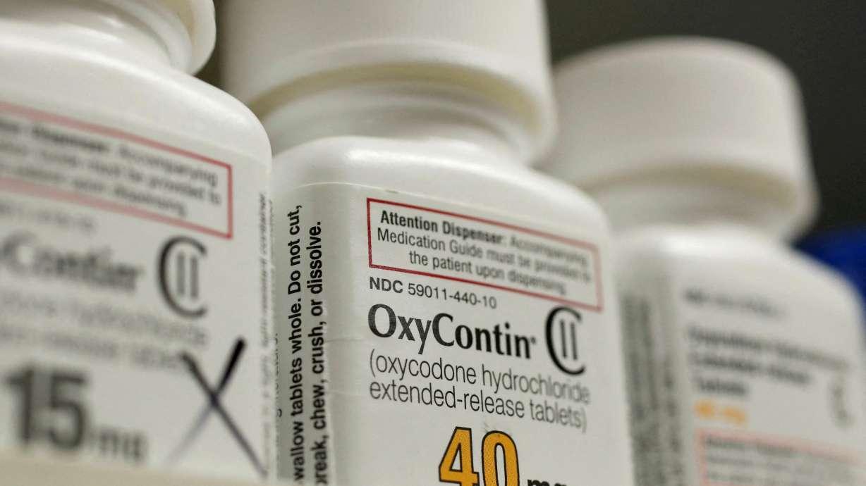 Bottles of prescription painkiller OxyContin made by Purdue Pharma L.D. sit on a shelf at a pharmacy in Provo on April 25, 2017.