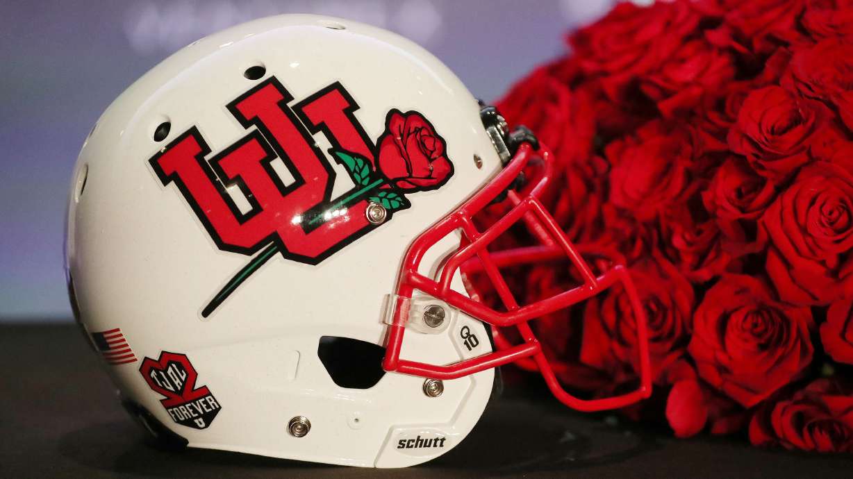 A Utah Utes helmet is displayed during a Rose Bowl press conference in Los Angeles on Friday, Dec. 31, 2021.