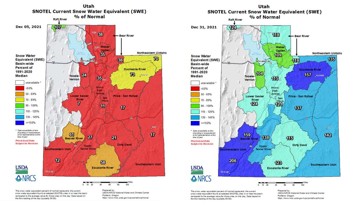 These maps show Utah's 2022 water year snowpack levels based on average on Dec. 5, 2021, and Friday. Snowstorms over the past few weeks moved statewide snowpack levels from 31% of average to 126% of average during that time.