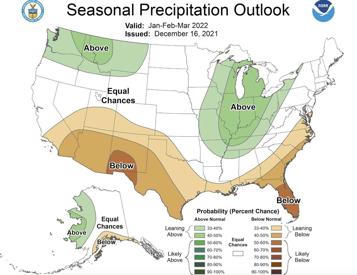 This map, released by the Climate Prediction Center on Dec. 16, shows precipitation probabilities for January, February and March. Areas of southern and central Utah have a stronger probability of a drier than average three-month stretch, especially toward the end of winter and beginning of spring, according to the weather service.