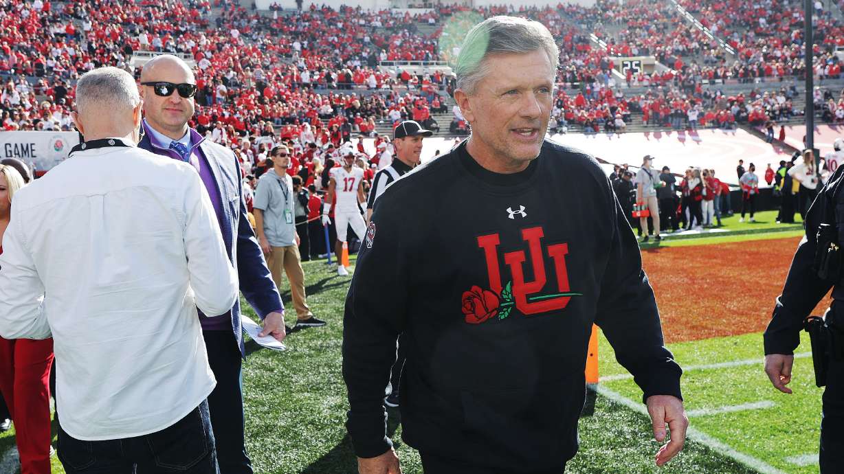 Utah Utes head coach Kyle Whittingham walks onto the field prior to the Rose Bowl in Pasadena on Saturday, Jan. 1, 2022.