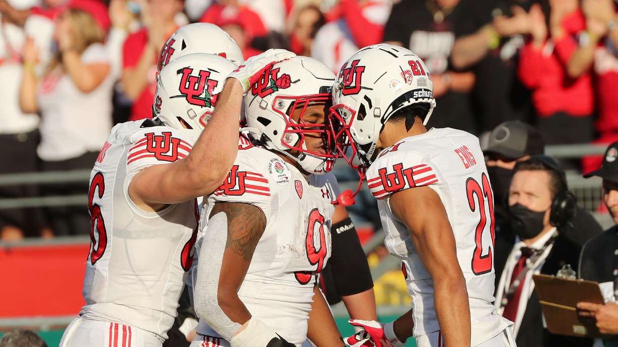 Utah Utes running back Tavion Thomas (9) celebrates his touchdown during to the Rose Bowl in Pasadena on Saturday, Jan. 1, 2022. Utah leads 35-21 at half.