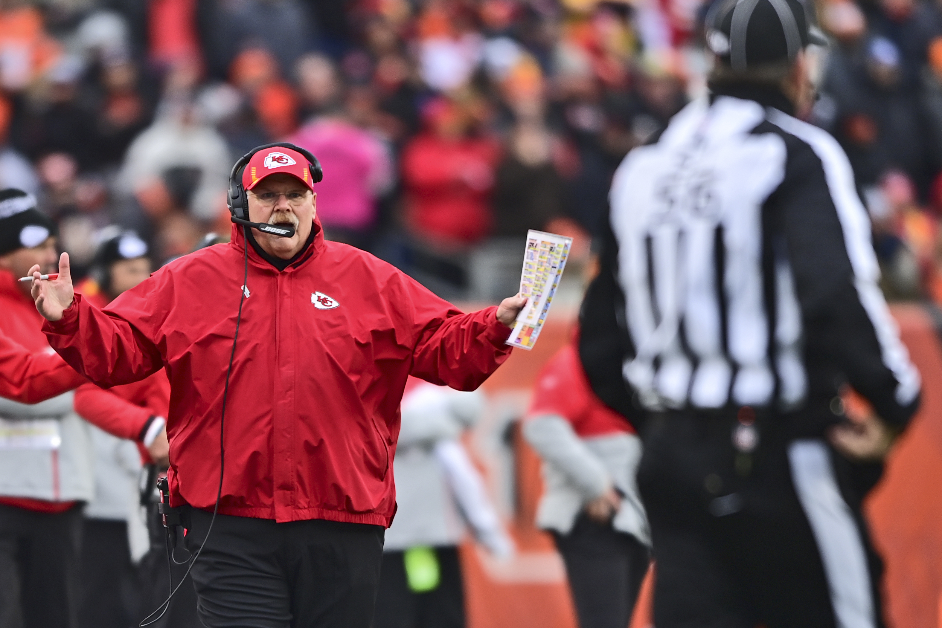 Kansas City Chiefs head coach Andy Reid argues a pass interference call during the first half of an NFL football game against the Cincinnati Bengals, Sunday, Jan. 2, 2022, in Cincinnati.