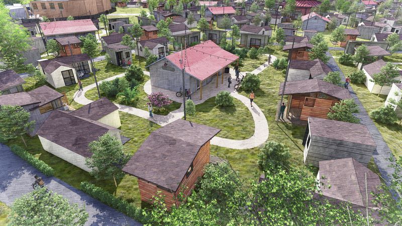 A rendering of The Other Side Village, a tiny home community Salt Lake City
Mayor Erin Mendenhall has proposed to be built in partnership with The Other
Side Academy to be built on Salt Lake City’s west side, at 1850 W. Indiana Ave.