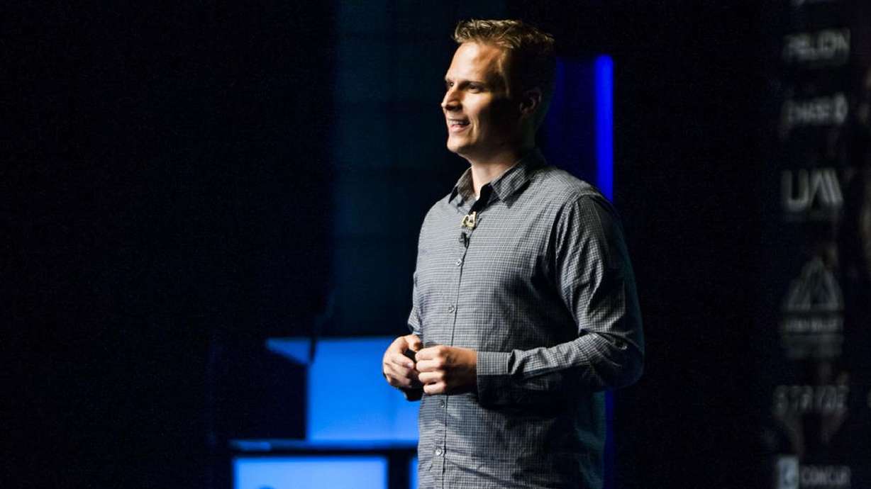 Dave Bateman, CEO of Entrata, speaks during StartFEST at the Covey Center for the Arts in Provo on Sept. 2, 2015.