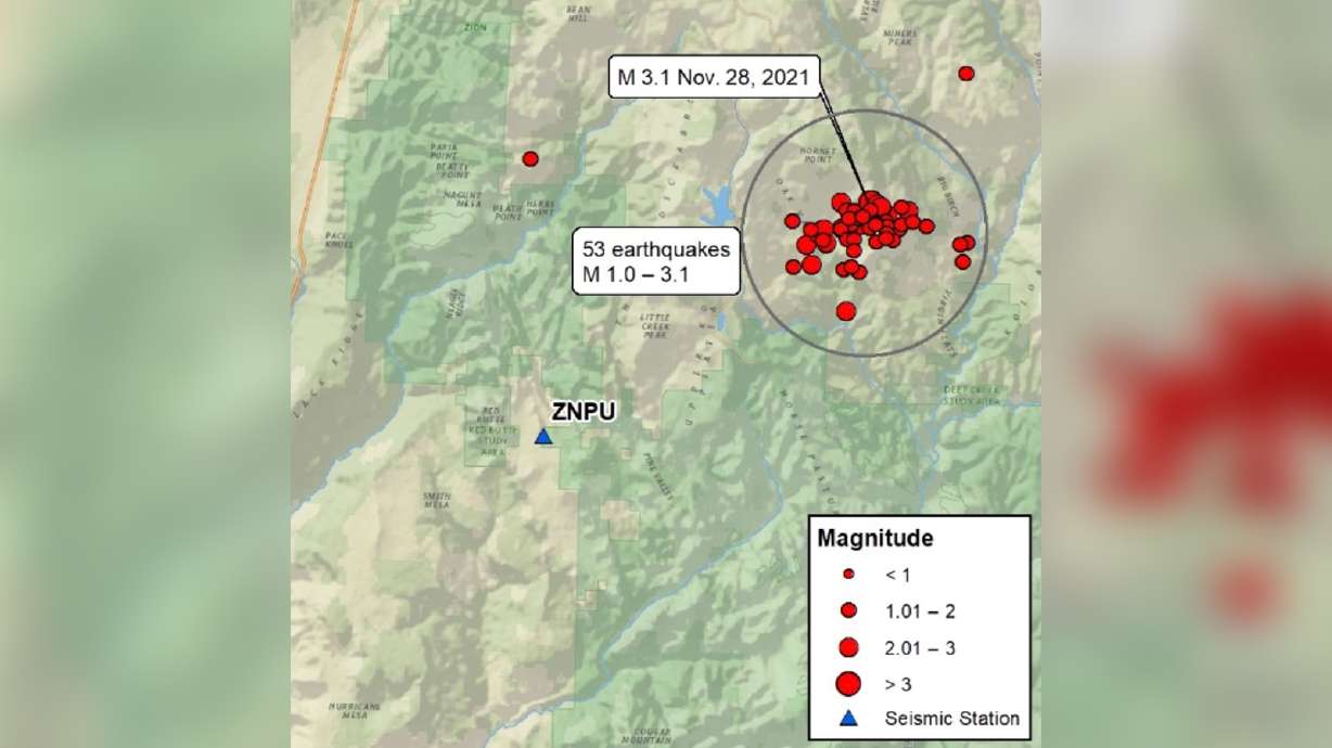 This map shows where 53 earthquakes have happened since Nov. 28. All of the small earthquakes have been reported about 12.5 miles southeast of Kanarraville.