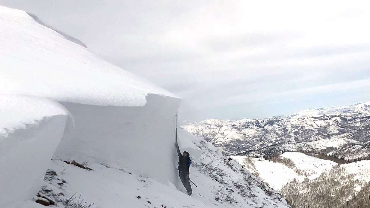 Utah Avalanche Center Forecaster Nikki Champion stands in front of the crown of an avalanche triggered on Little Water
Peak near Millcreek Canyon on Monday.