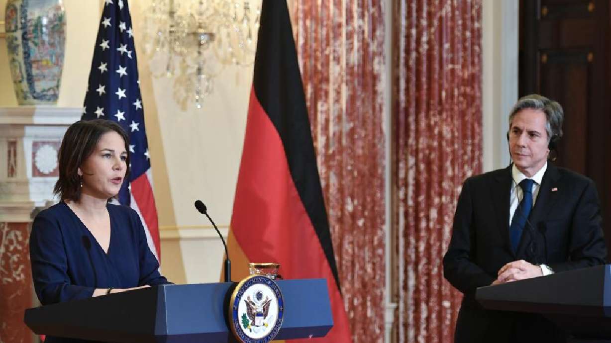 German Foreign Minister Annalena Baerbock speaks during a news conference with Secretary of State Antony Blinken at the State Department, Wednesday in Washington.