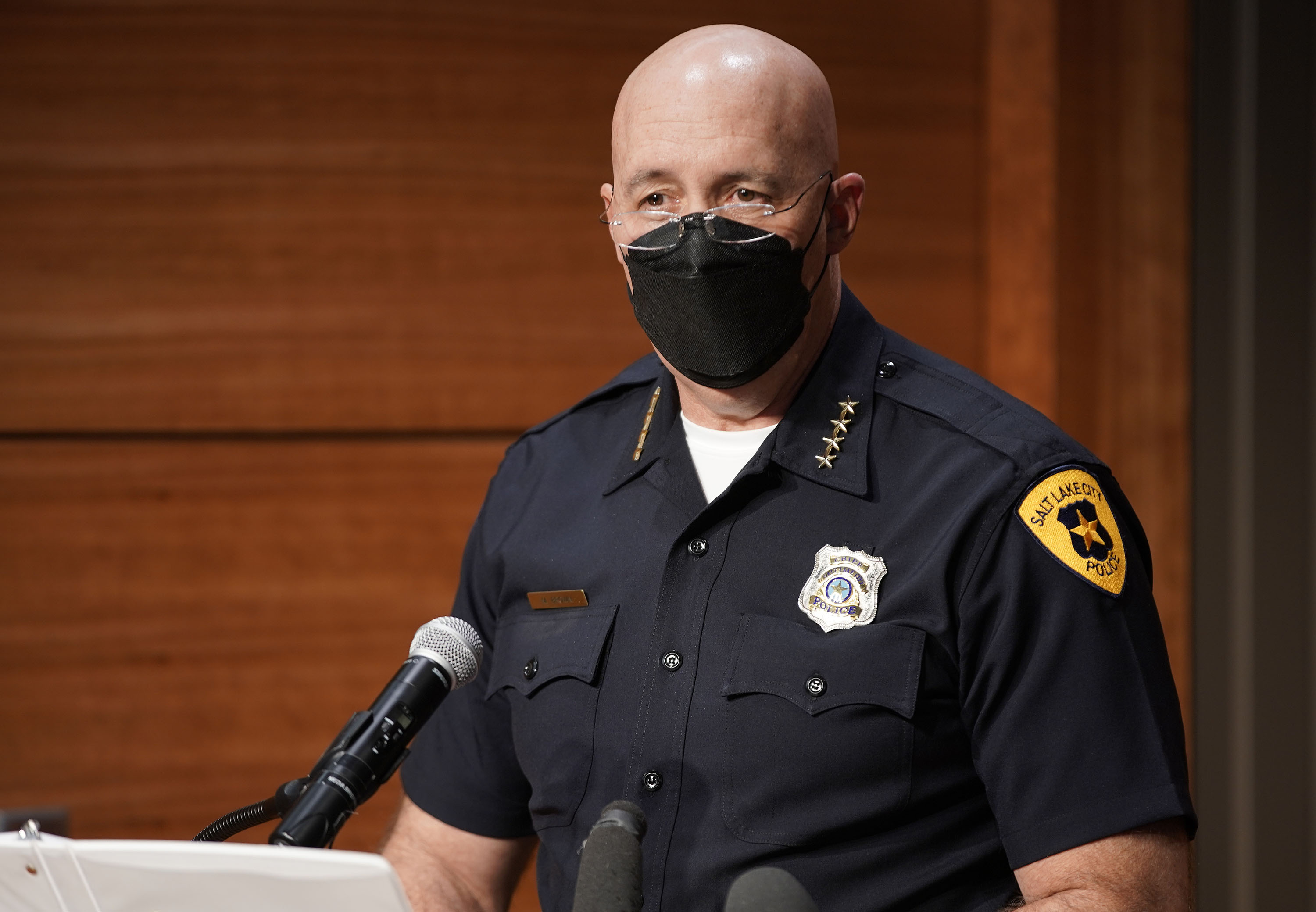 Salt Lake Police Chief Mike Brown discusses crime statistics and response times during a press conference at the Public Safety Building in Salt Lake City on Wednesday.