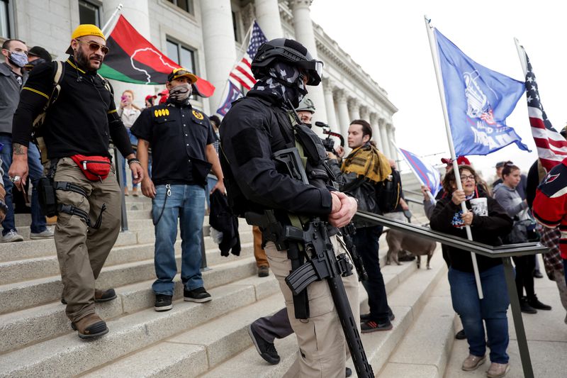 Armed individuals and members of the Proud Boys are
among those gathered at the Capitol in Salt Lake City on Saturday,
Nov. 7, 2020. Earlier Saturday news outlets called the presidential
race in favor of former Vice President Joe Biden.