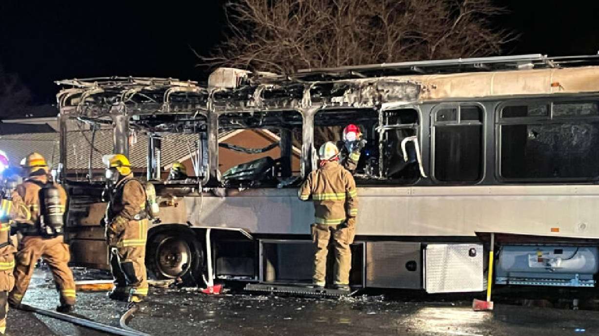 Scene of a fire that engulfed a bus converted into a traveling home, Veyo, Utah, Dec. 28, 2021.