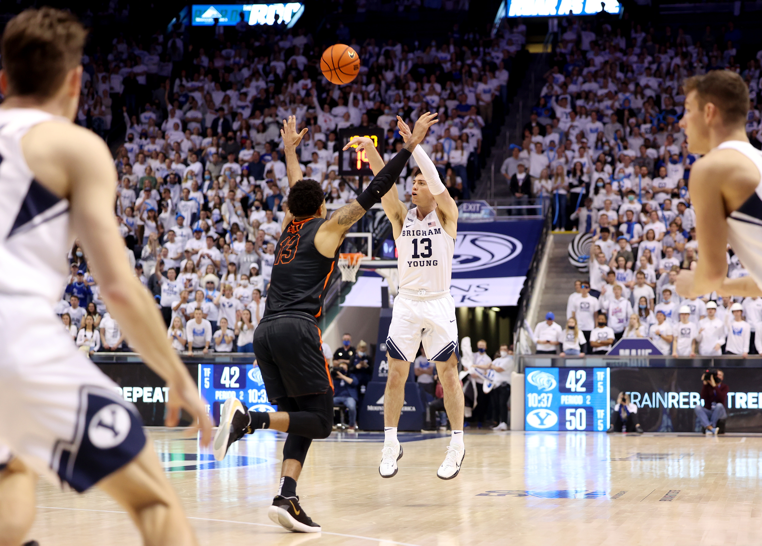 BYU guard Alex Barcello puts up a shot in Provo at the Marriott Center on Jan. 6. BYU announced Monday that it is requiring proof of full COVID-19 vaccination or a negative test result for all indoor events with more than 100 attendees beginning Jan. 20.
