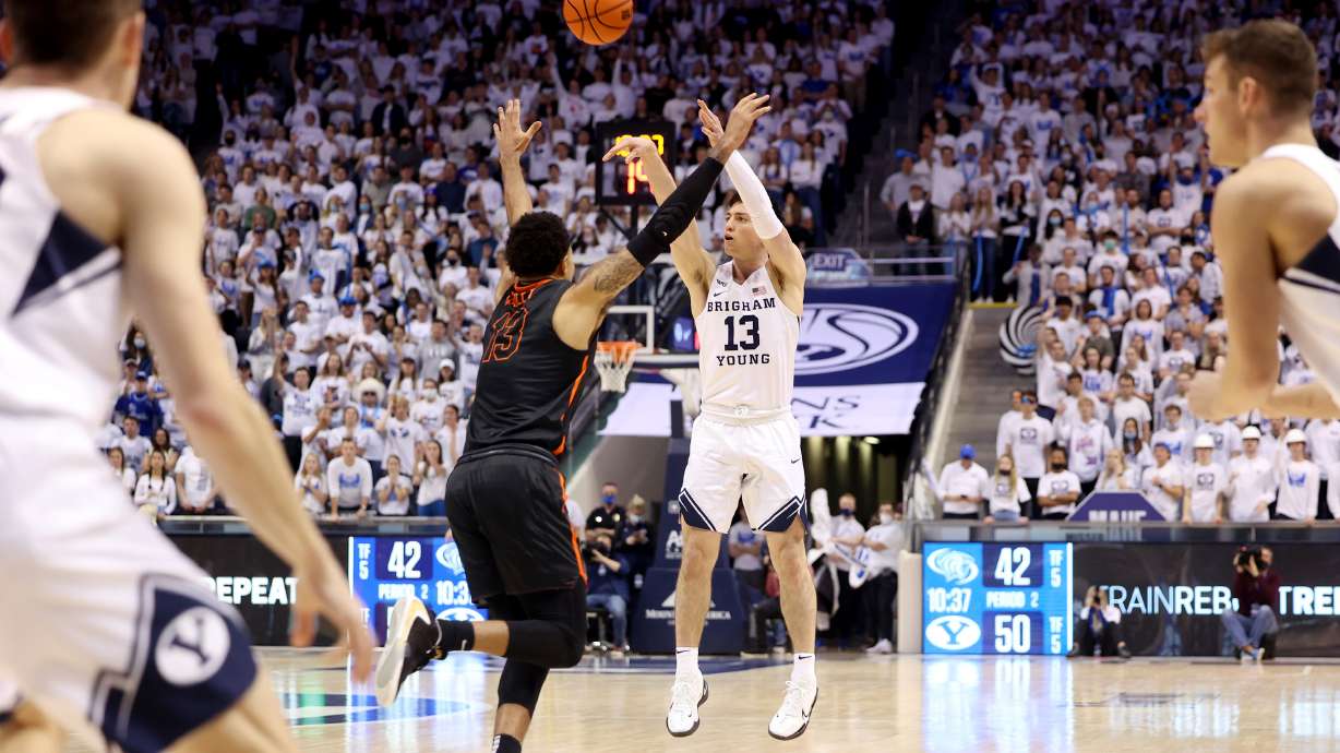 BYU guard Alex Barcello puts up a shot in Provo at the Marriott Center on Jan. 6. BYU announced Monday that it is requiring proof of full COVID-19 vaccination or a negative test result for all indoor events with more than 100 attendees beginning Jan. 20.