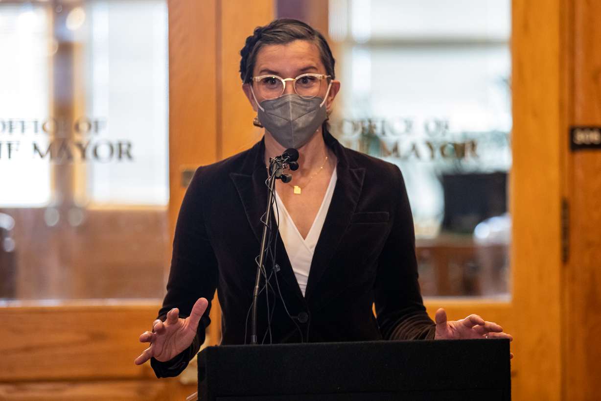 Salt Lake City Mayor Erin Mendenhall speaks with members of the media about her letter to Salt Lake County officials, asking for a mask mandate to be reinstated during a press briefing outside of the Salt Lake City Mayor's Office on Friday.