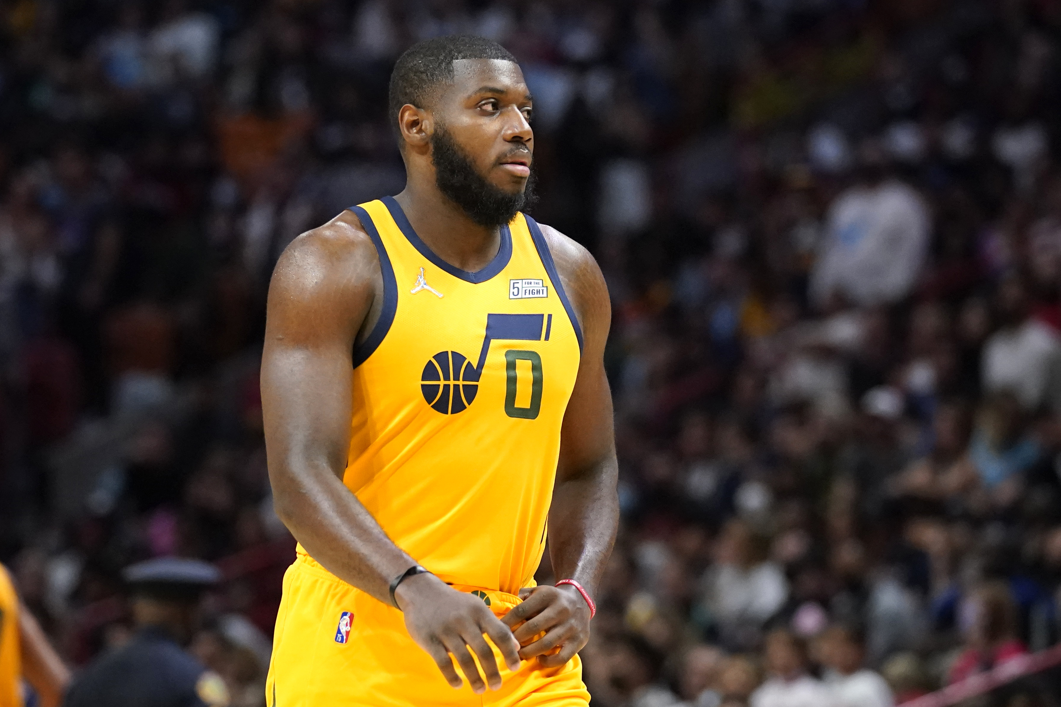 In this file photo Utah Jazz forward Eric Paschall (0) is in action during the second half of an NBA basketball game against the Miami Heat, Saturday, Nov. 6, 2021, in Miami. The Heat won 118-115. 