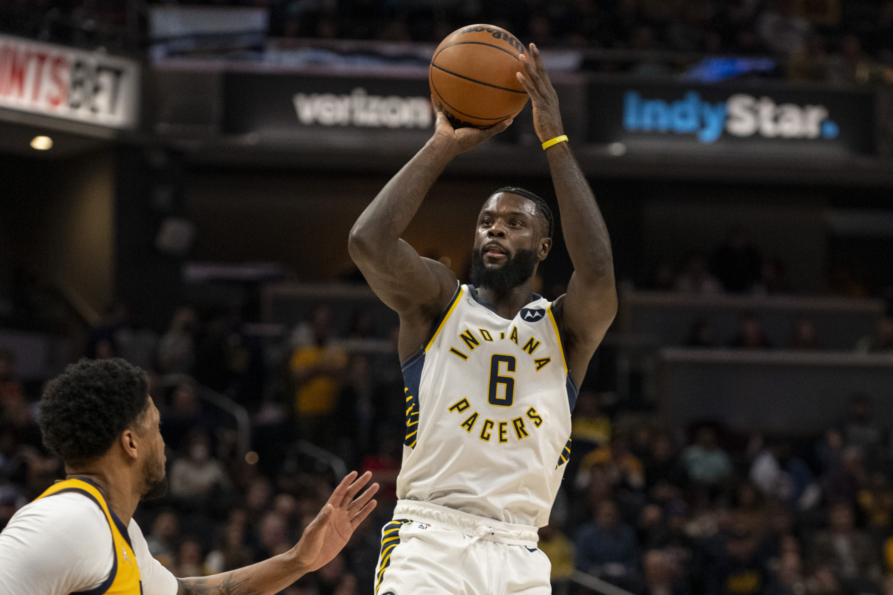 Indiana Pacers guard Lance Stephenson (6) shoots during the first half of an NBA basketball game against the Utah Jazz in Indianapolis, Saturday, Jan. 8, 2022. 