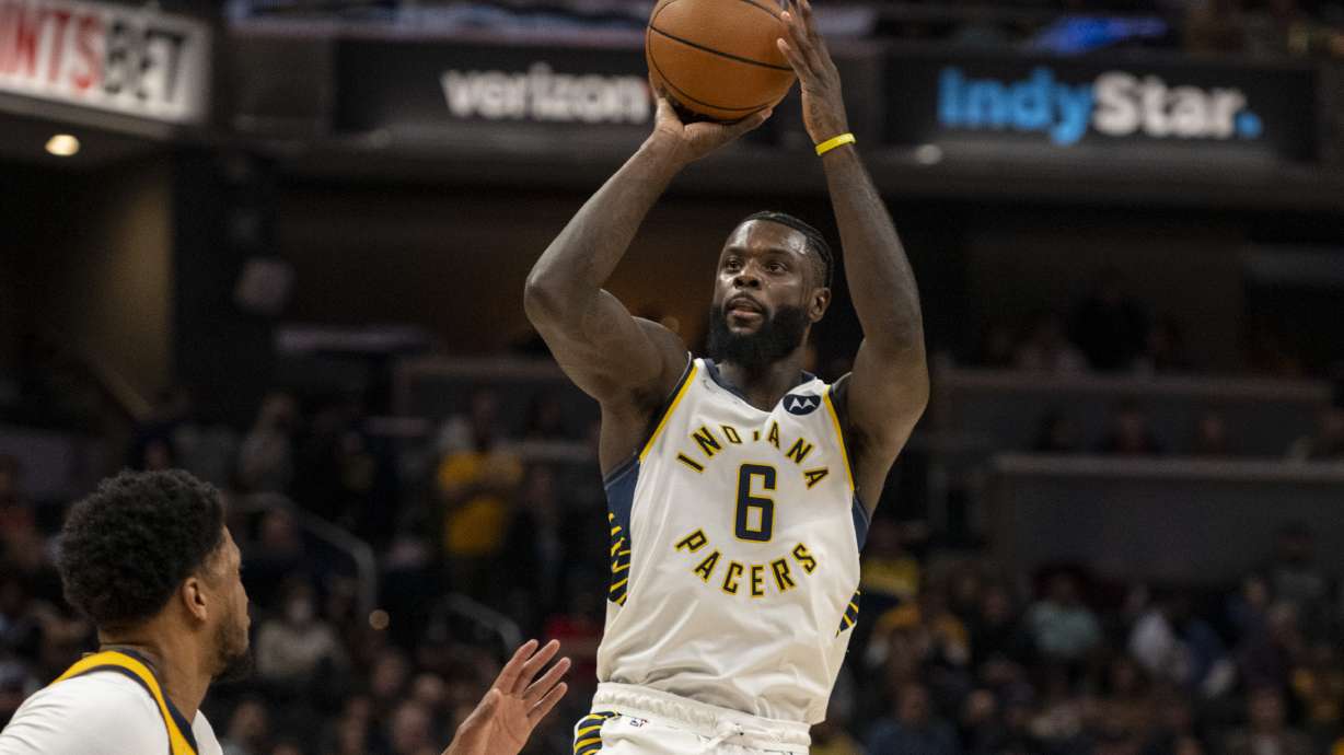 Indiana Pacers guard Lance Stephenson (6) shoots during the first half of an NBA basketball game against the Utah Jazz in Indianapolis, Saturday, Jan. 8, 2022.