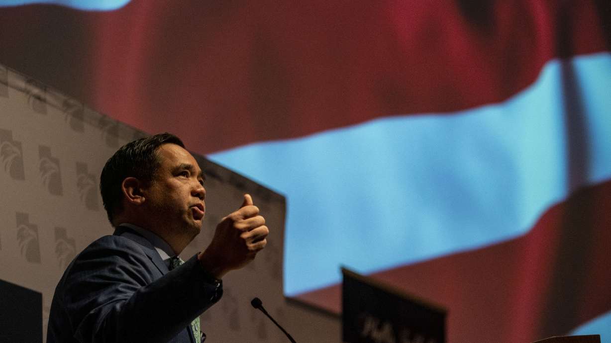 Utah Attorney General Sean Reyes speaks during Utah Eagle Forum’s annual convention at Salt Lake Community College in Sandy on Saturday.