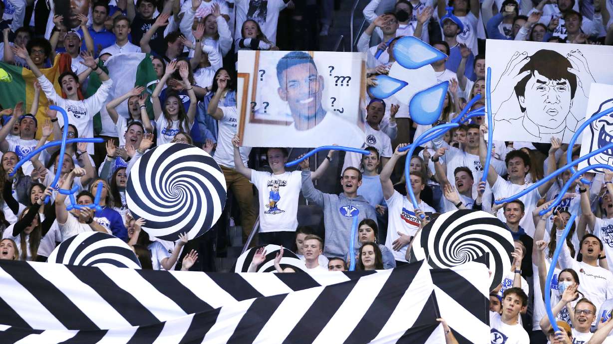Brigham Young Cougars fans cheer in Provo on Saturday, Jan. 8, 2022. BYU won 52-43.