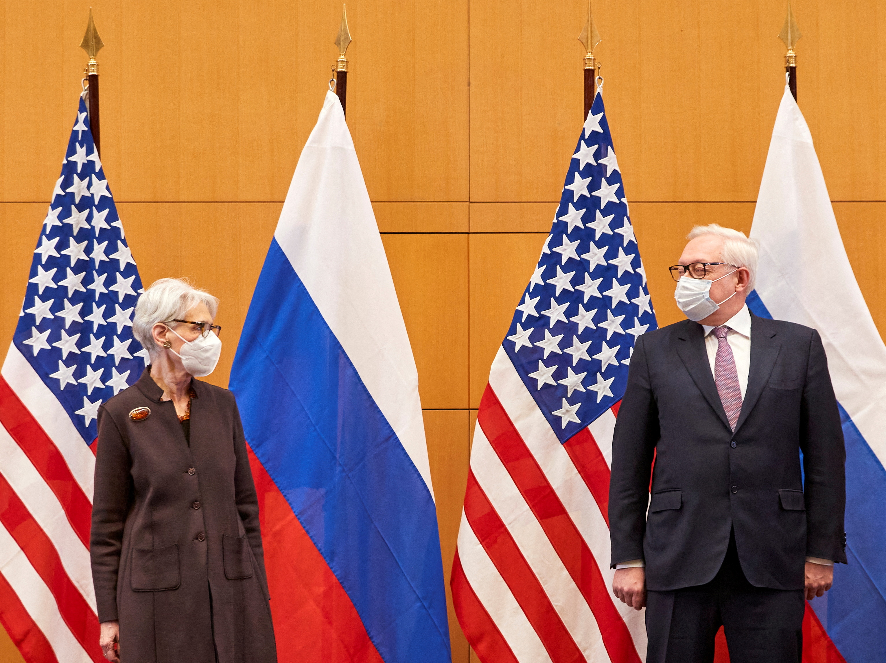 U.S. Deputy Secretary of State Wendy Sherman, left, and Russian Deputy Foreign Minister Sergei Ryabkov attend security talks at the United States Mission in Geneva, Switzerland, on Monday.