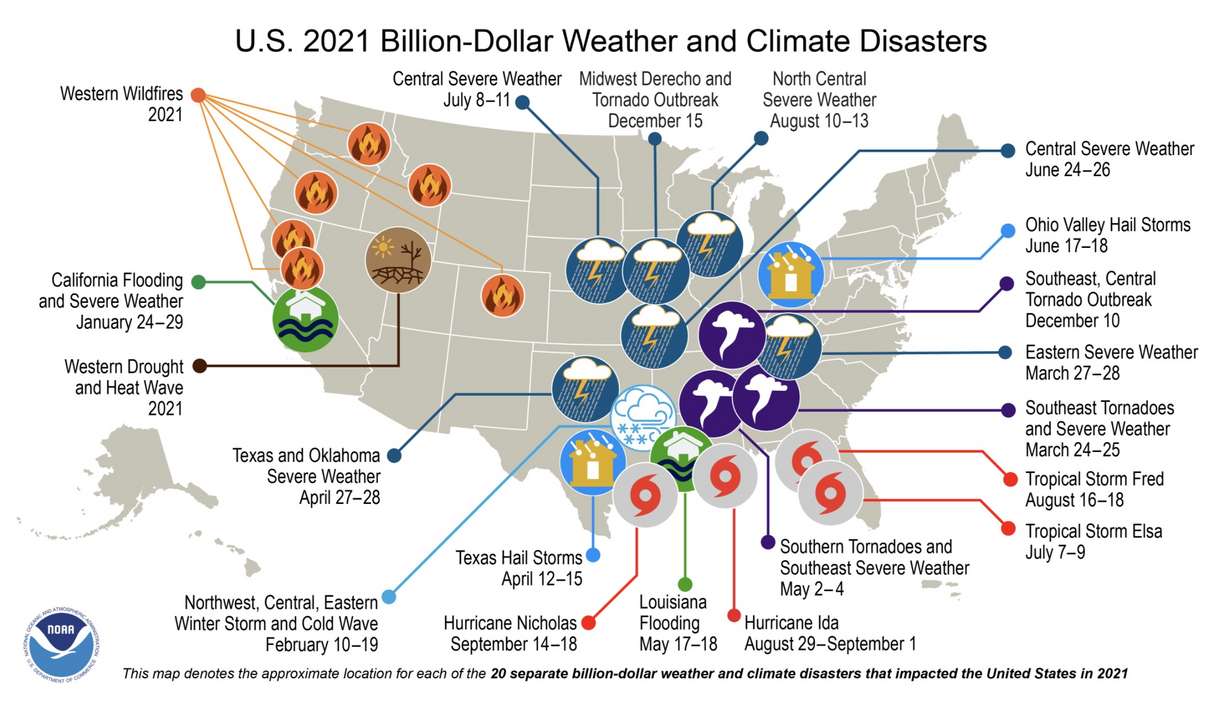 This map shows where the 20 major weather and climate events occurred in 2021.