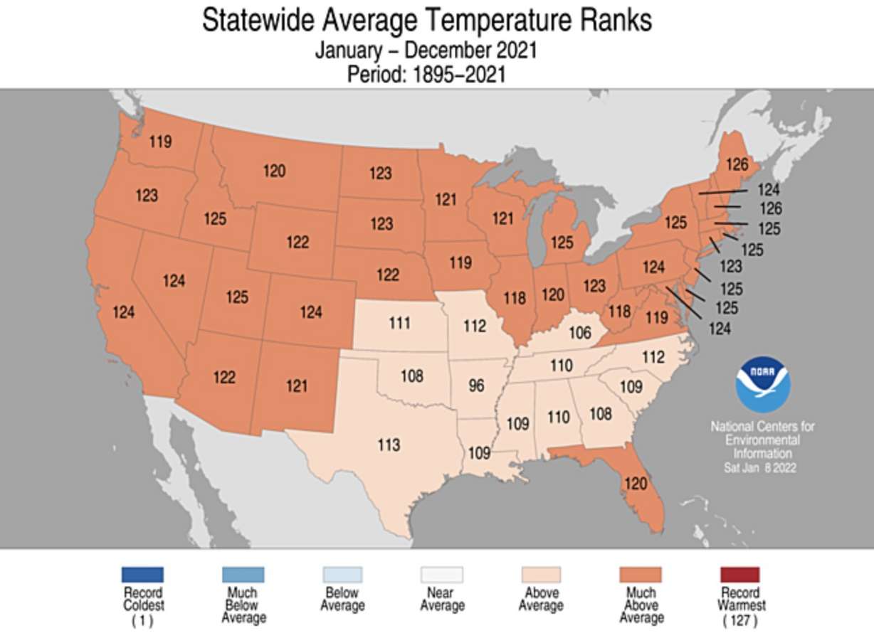 This map shows average temperatures for states in the contiguous U.S. throughout 2021. One on the scale represented the coolest on record, while 127 represents the hottest. Utah ended up tying its third-hottest average on record in 2021.