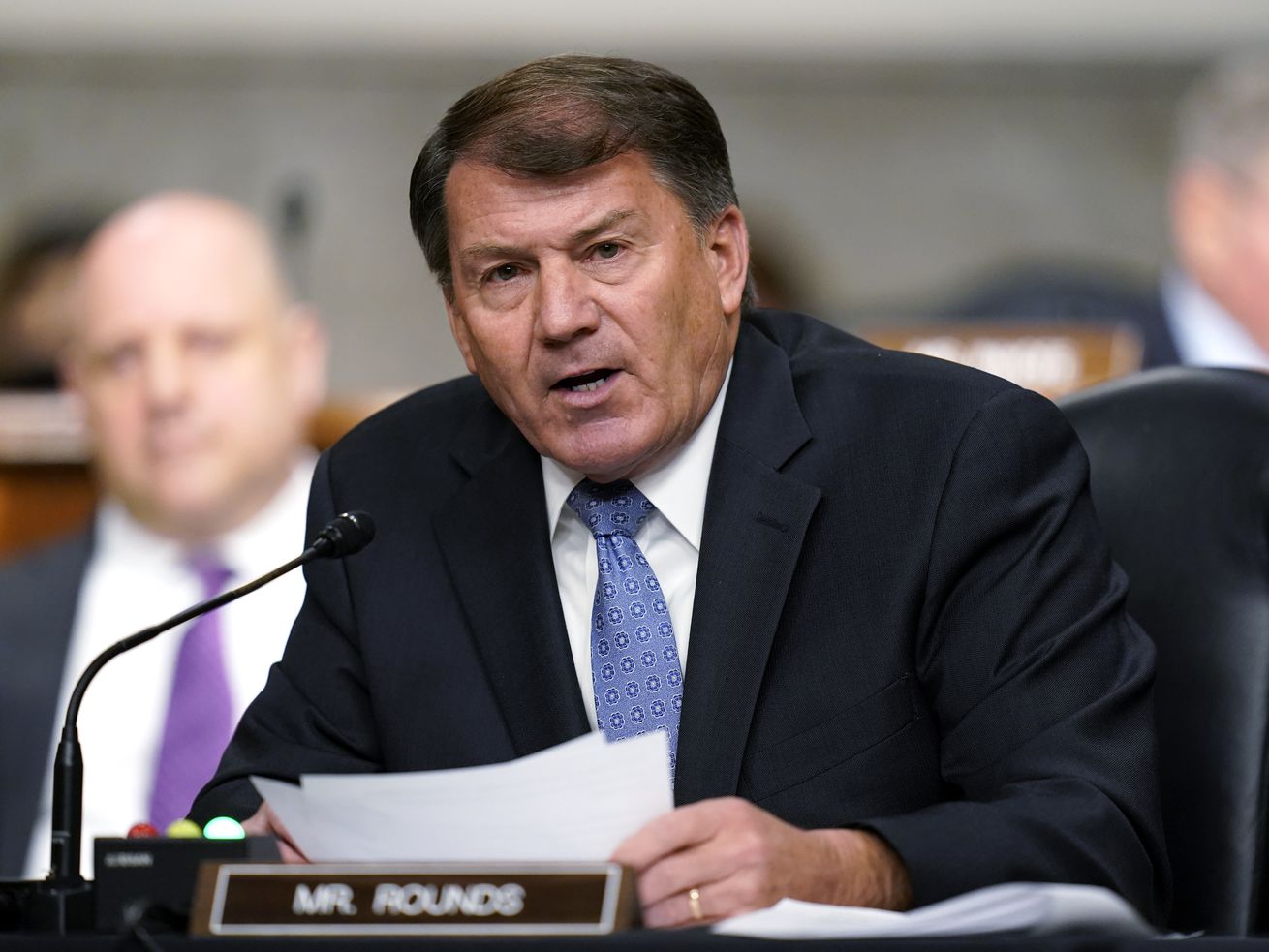 Sen. Mike Rounds, R-S.D., on Sept. 28, 2021, on Capitol Hill in Washington. Utah Sen. Mitt Romney defended Rounds on Monday, after former President Donald Trump called the GOP senator a “jerk.”