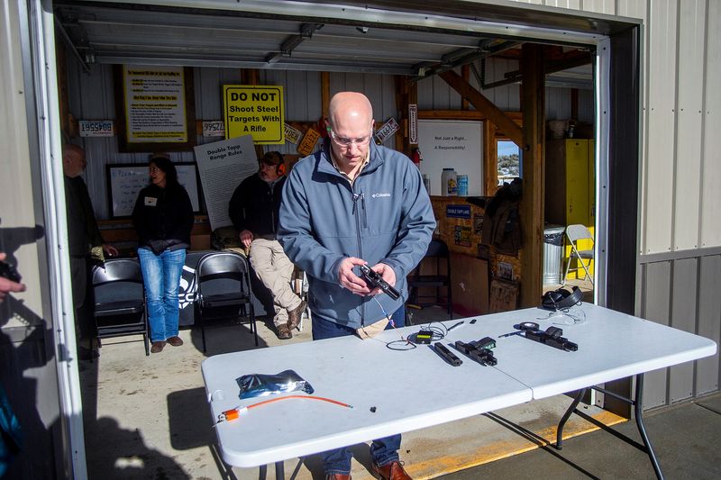 Rob Regert of SGW Designworks talks about the LodeStar 9 mm smart gun, which works only for the designated user, during a presentation in Boise, Idaho, Jan. 7.