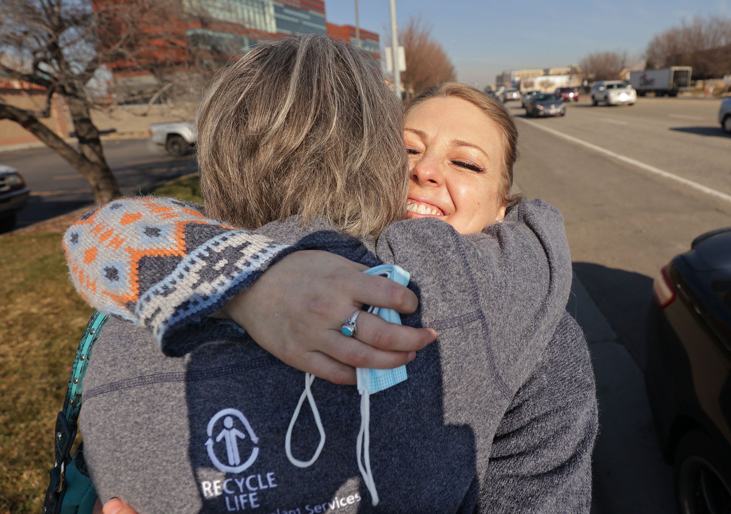 Liver transplant recipient Jesse Davis, of North Ogden, hugs her donor Shawna Blamires, of Ogden, after a press conference in Murray on Tuesday. Intermountain Healthcare performed its 5,000th adult solid organ transplant in 2021.