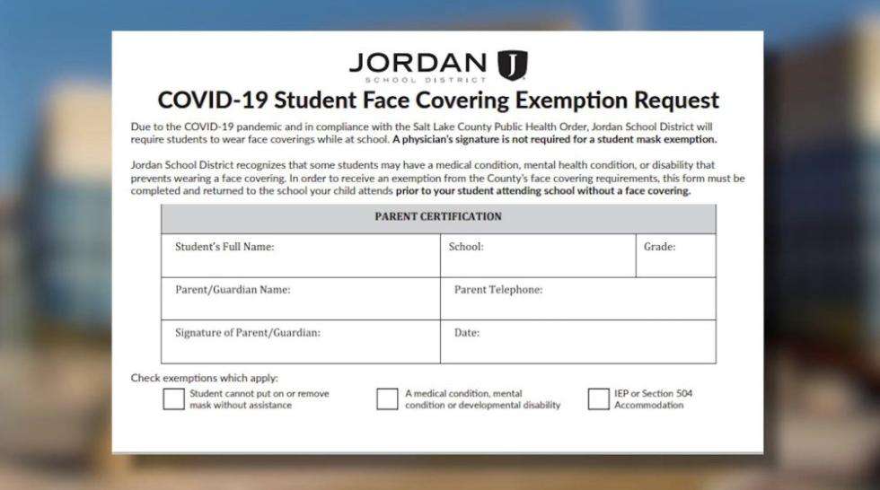 Jordan School District mask exemption request form.