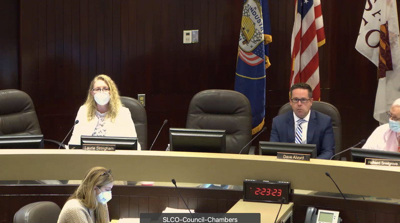 Salt Lake County Council Chairwoman Laurie Stringham,
left, and Salt Lake County Councilman Dave Alvord, right, sit
together in the Salt Lake County Council Chambers on Tuesday, during a public hearing on the county’s mask
mandate.